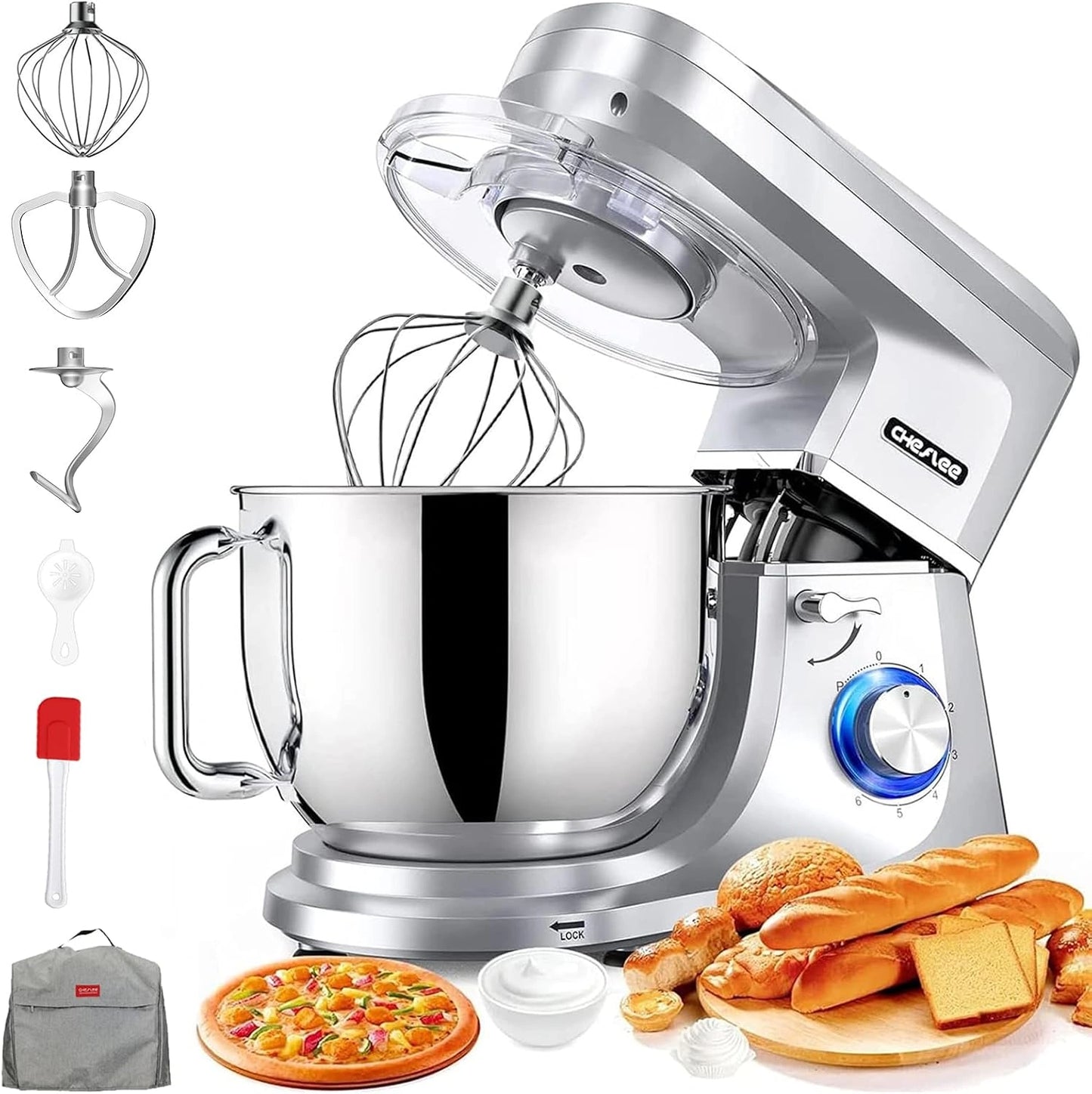 Robot pâtissier CHeflee 2000W, bol 8L en inox, 6 vitesses avec fonction pulse, accessoires fouet, crochet pétrisseur et batteur, housse anti-poussière