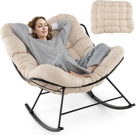 Fauteuil à Bascule Papasan Intérieur Extérieur avec Coussin Beige 205KG