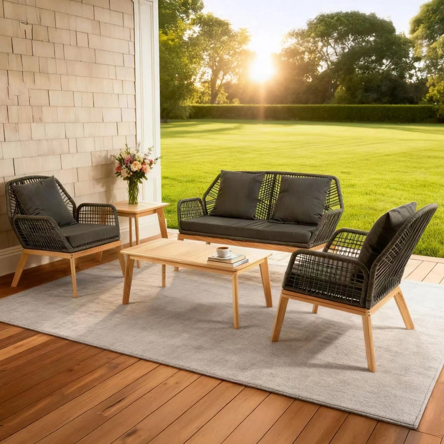 Ensemble de Mobilier de Jardin 4 Places Rosario - Chêne et Corde Noire - 5 Éléments : Canapé, Fauteuils et Tables - Style Élégant pour Terrasse - Gris Anthracite