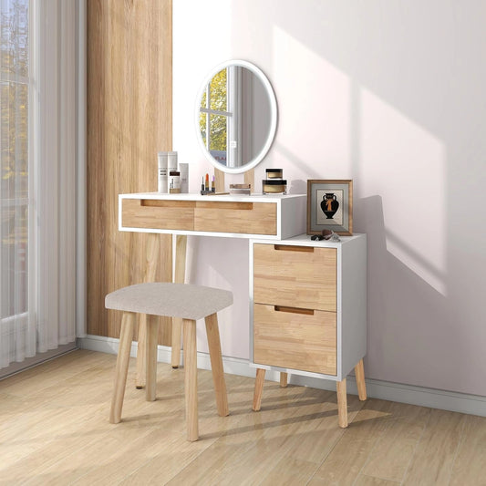 Coiffeuse YOURLITE avec Tabouret et Table de Chevet, Miroir LED Ovale, Éclairage Réglable, Blanc Chêne