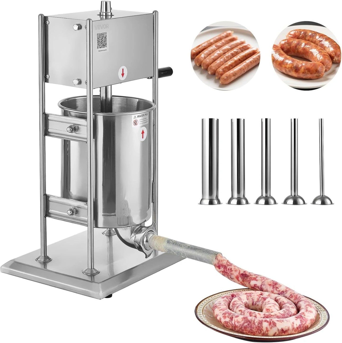 VEVOR Poussoir à Saucisses Vertical 10L en Inox, Machine à Saucisses avec 5 Embouts, Double Vitesse pour Cuisine et Restaurant