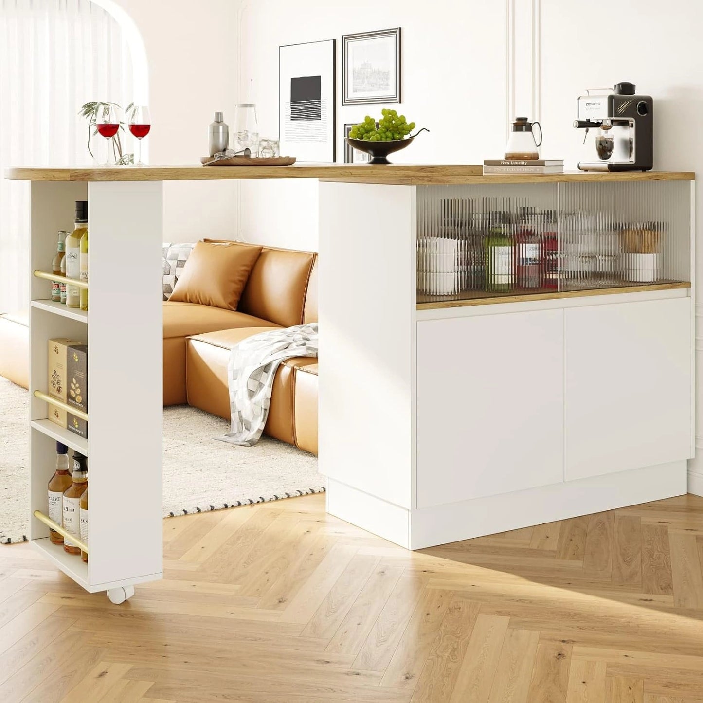 Table de Bar Extensible avec Rangement et Portes en Verre, Rotation 360°, Étagères Latérales – Blanc