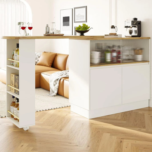 Table de Bar Extensible avec Rangement et Portes en Verre, Rotation 360°, Étagères Latérales – Blanc