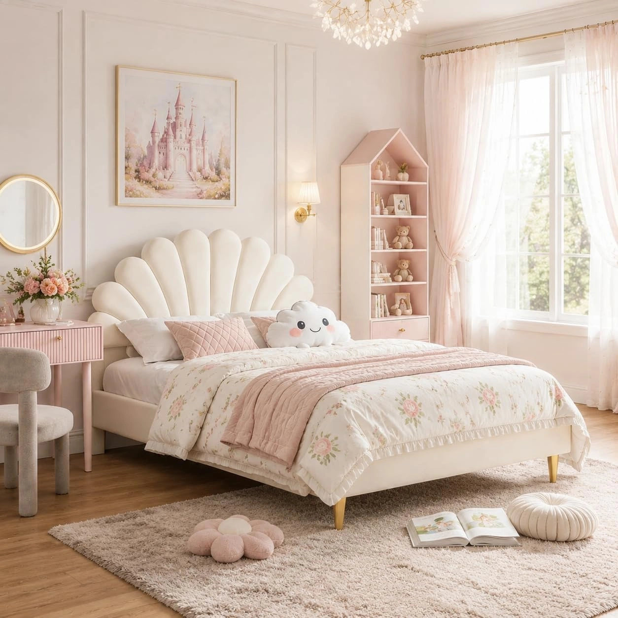 Lit Double 140x200 en Velours Beige avec Tête Coquillage, Sommier Inclus, Pieds Métalliques Dorés