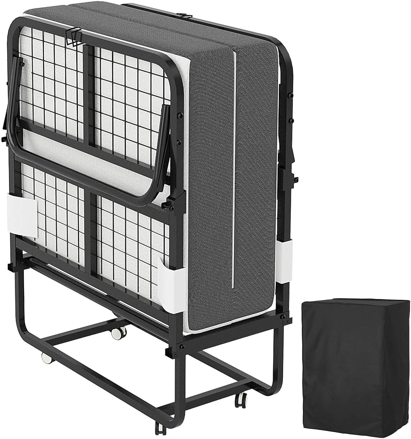Lit Pliant pour Adulte 80x190 cm avec Matelas 13 cm, Sommier Métal et Roulettes, Capacité 200 kg, Noir