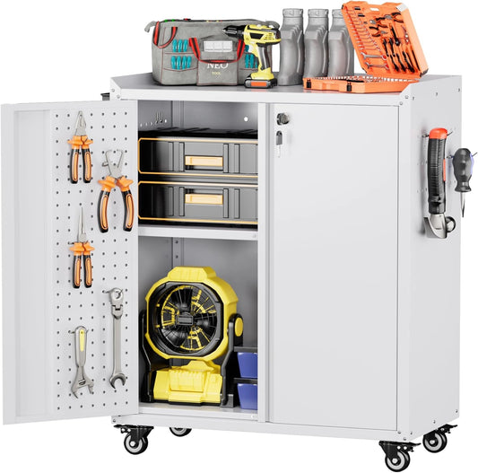 Armoire à outils métallique avec roulettes et panneaux perforés, 87x66x35 cm, rangement sécurisé pour garage ou atelier
