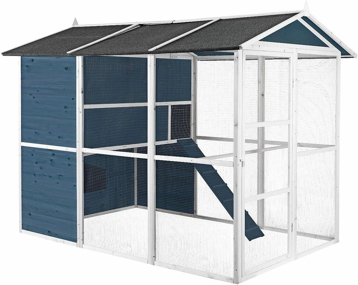 Poulailler en Bois avec Enclos pour 10 Poules - Bleu et Blanc - Dimensions : 266 x 174 x 205 cm