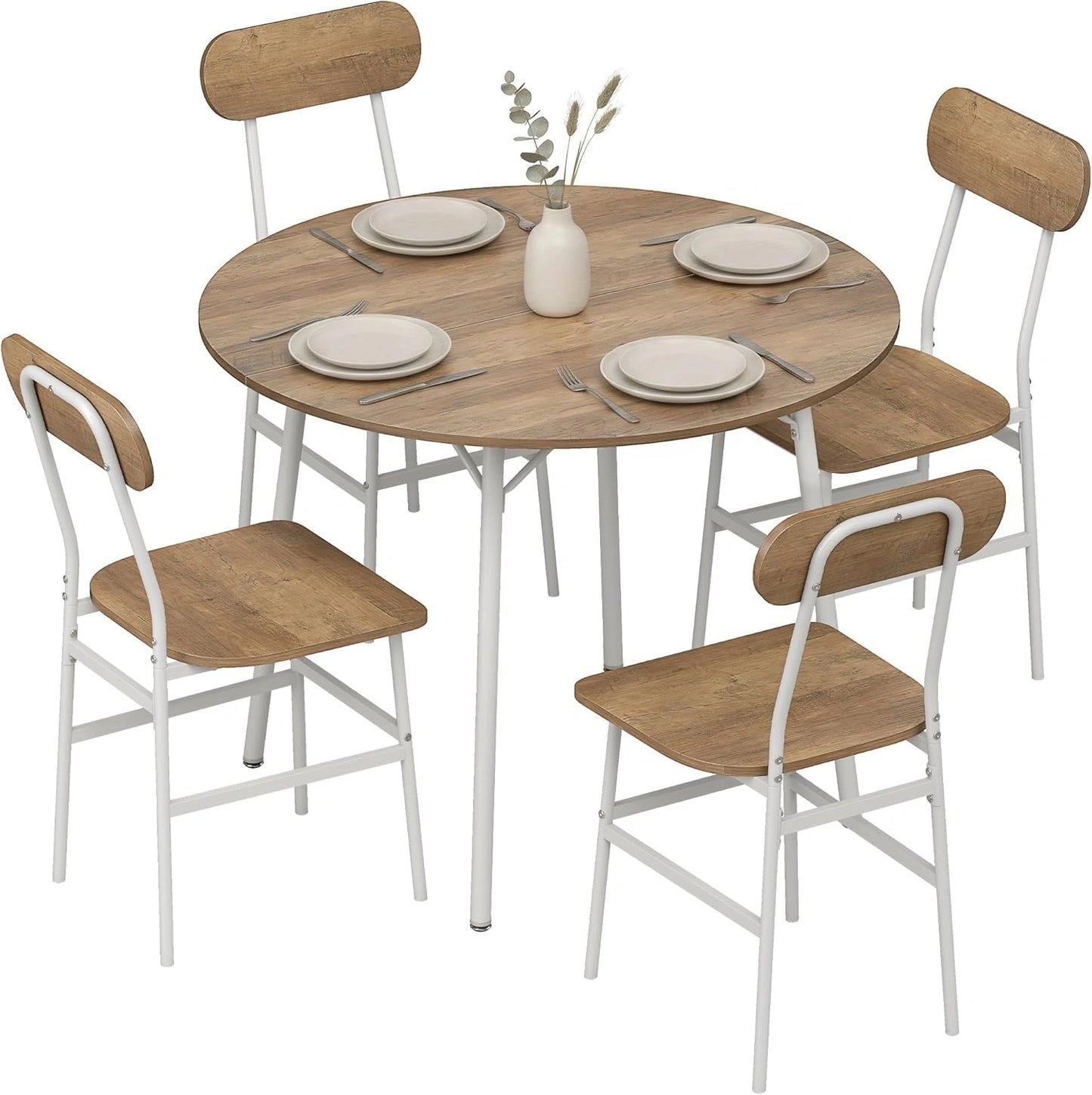 Ensemble de Salle à Manger Industriel avec Table Ronde et 4 Chaises en Métal et Bois Naturel