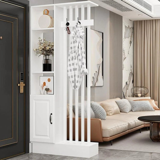Paravent autoportant en bois avec étagères et porte-manteau, séparateur d'espace décoratif pour maison et bureau (blanc, 100 x 30 x 205 cm)