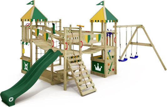 Aire de Jeux en Bois Wickey Smart Queen avec Balançoire et Toboggan Vert, Échelle et Bac à Sable
