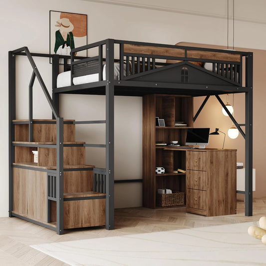 Lit mezzanine en métal 140x200 cm avec escalier et barrière de sécurité, Noir
