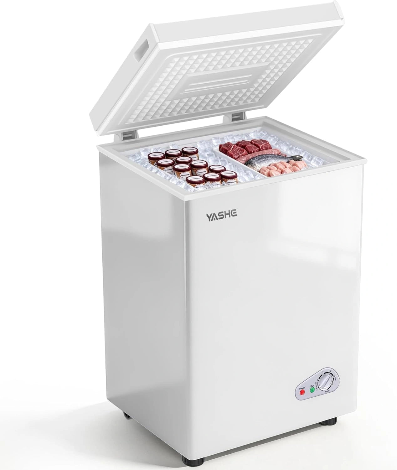 Congélateur coffre 100L YASHE, autonome, 2 paniers amovibles, 6 niveaux de température, écoénergétique, silencieux 45 dB, blanc