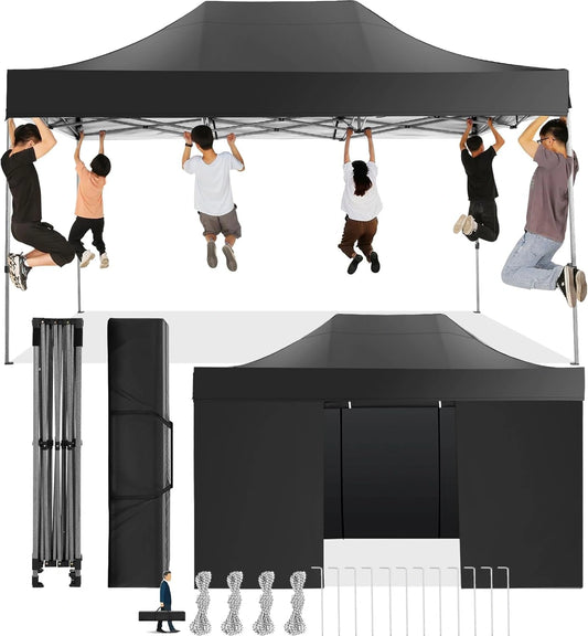 Tonnelle Pliante 3x4,5m Imperméable avec Parois Latérales, Anti-UV, pour Jardin, Plage et Terrasse - Noir