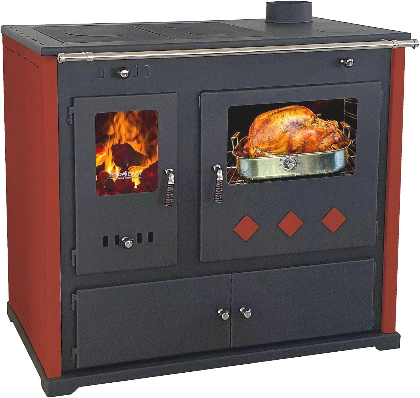 Poêle à bois rouge 9,5 kW avec four et plaque de cuisson, efficacité A+