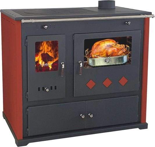 Poêle à bois rouge 9,5 kW avec four et plaque de cuisson, efficacité A+