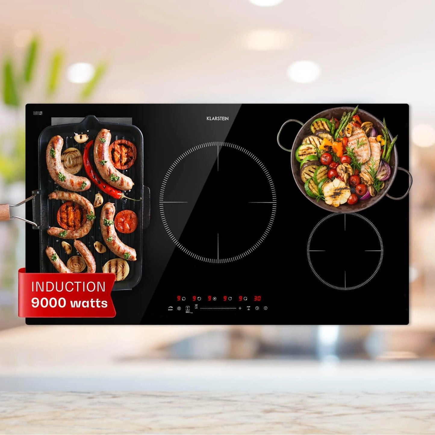 Plaque à Induction Klarstein 9000W - 5 Feux, Touches Tactiles, Fonction Boost et Sécurité Enfant, Pour Cuisine Moderne