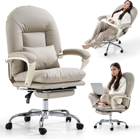 Chaise de Bureau Ergonomique Inclinable en Cuir avec Repose-Pieds - Confort Moderne pour Maison, Beige