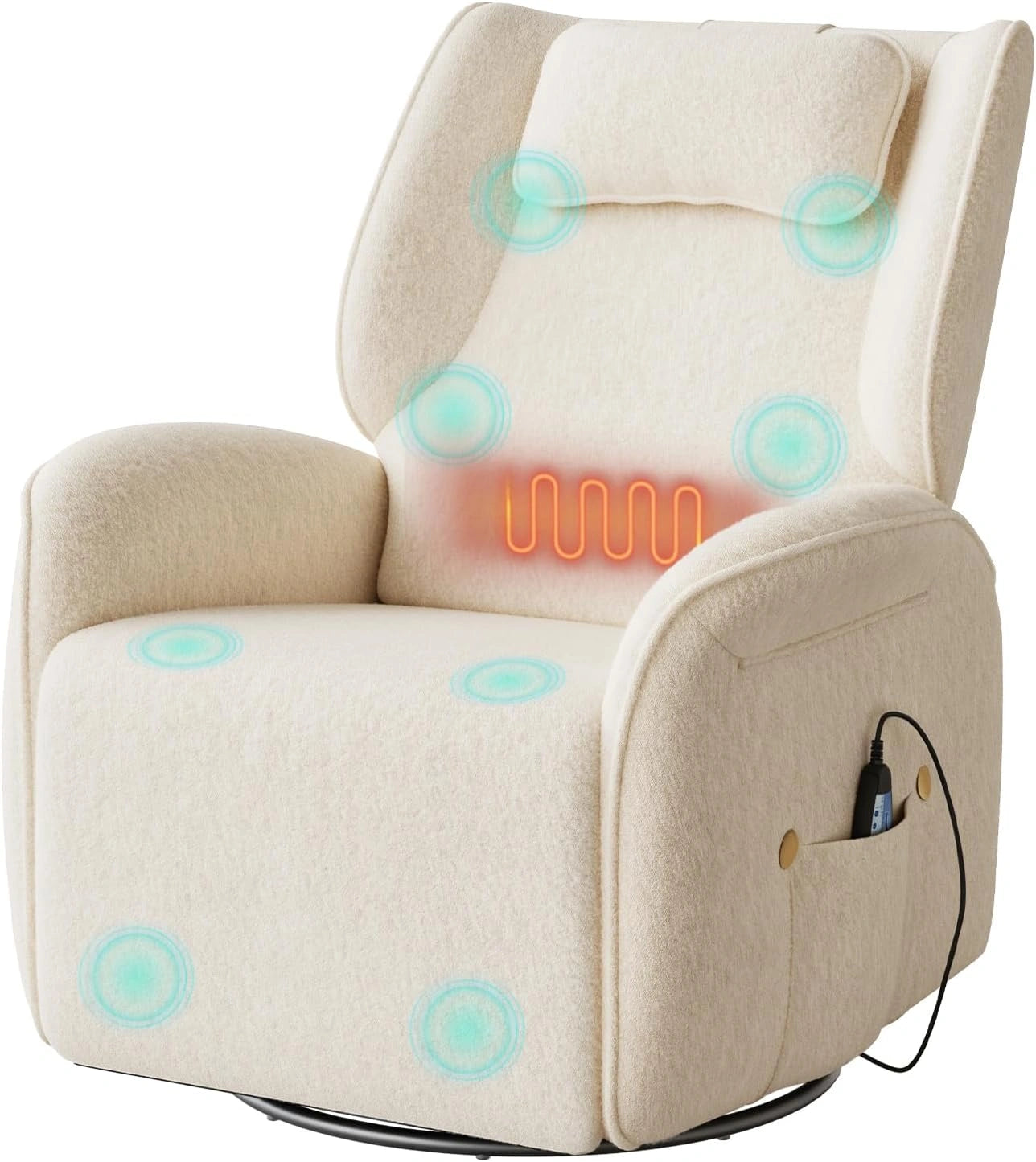 Fauteuil de Massage Électrique Inclinable avec Fonction Chauffante et Pivotante, USB et Poches, Charge 150kg, Beige