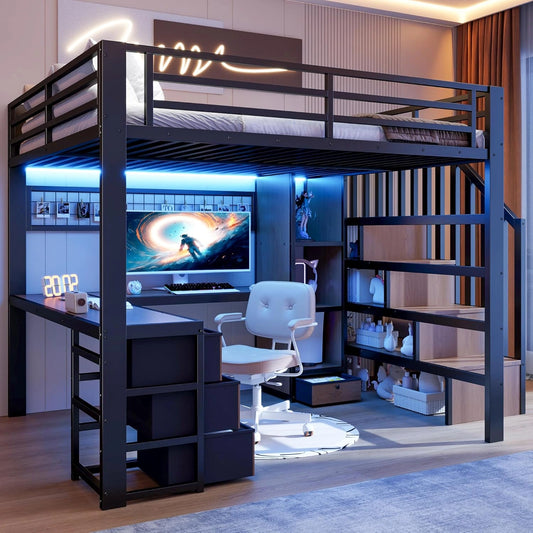 Lit Mezzanine 140x200cm avec LED et Bureau Intégré, Noir