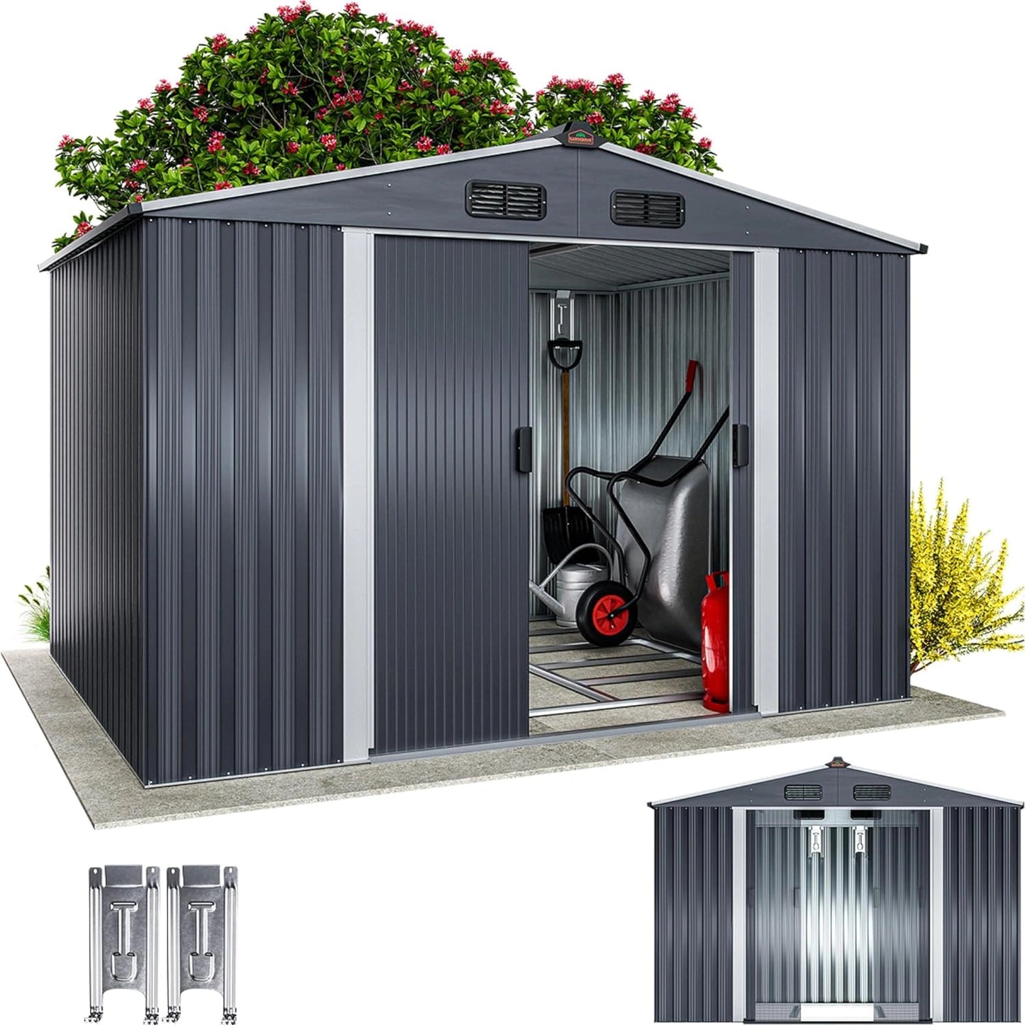 Abri de Jardin Métallique XXL avec Fondations 260x205x180 cm - Porte Coulissante Anthracite