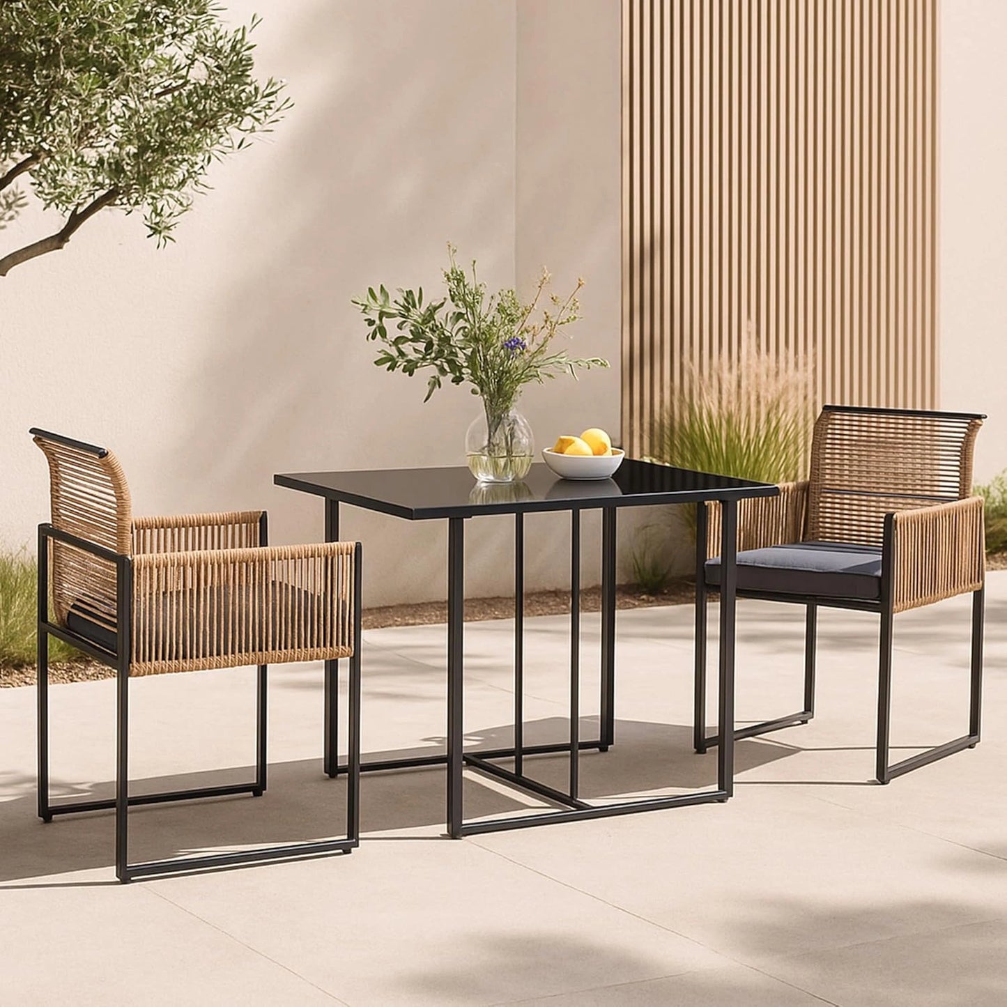 Ensemble de Bistrot de Jardin: Table et 2 Chaises avec Coussins - Acier, Verre Trempé, Polyéthylène