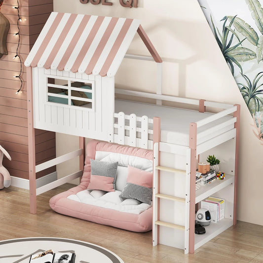 Lit en mezzanine enfant en bois massif 90x200 cm avec escalier et rangement, sécurité anti-chute, couleur rose, pour filles et garçons, matelas non inclus