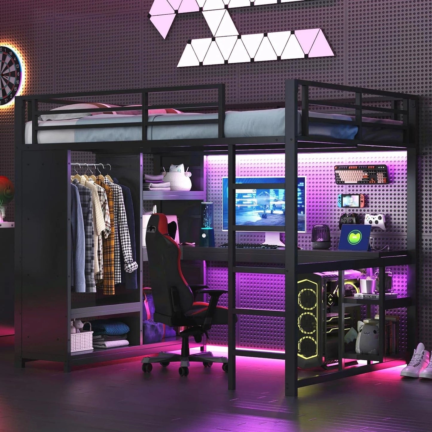 Lit Mezzanine Gaming Métal 140x200cm avec Bureau et Éclairage LED