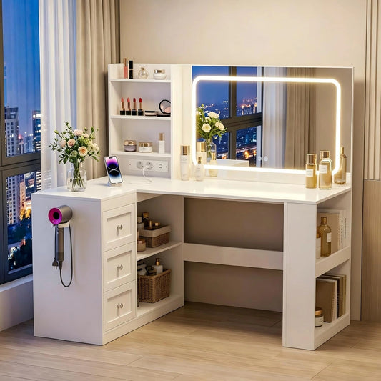 Coiffeuse Moderne avec LED Réglable, Grand Miroir et Prises, Espace de Rangement Optimisé