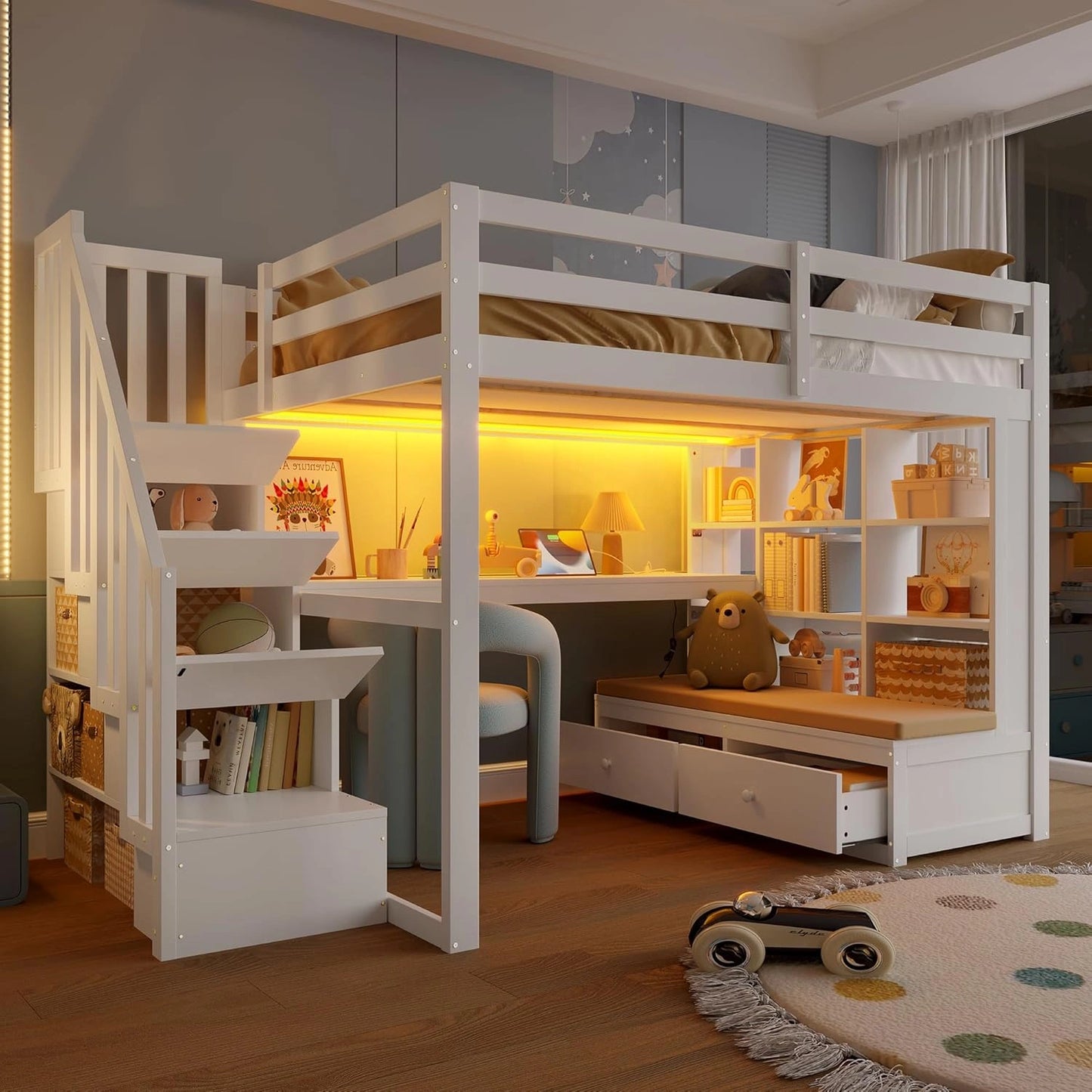 Lit Mezzanine Enfant 140x200 avec Bureau et Rangement, Cabane avec Escalier et Tiroirs, Barrière Sécurisée, Blanc