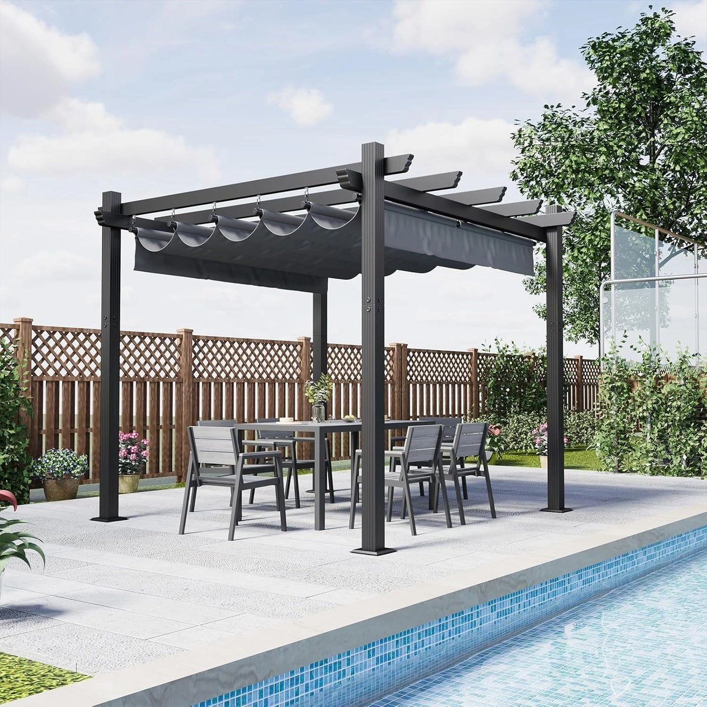 Pergola en Aluminium 3x3 pour Jardin Extérieur, Fixations Magnétiques, Zone d'Ombrage Ajustable, Gris