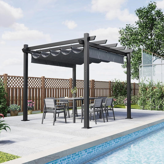 Pergola en Aluminium 3x3 pour Jardin Extérieur, Fixations Magnétiques, Zone d'Ombrage Ajustable, Gris