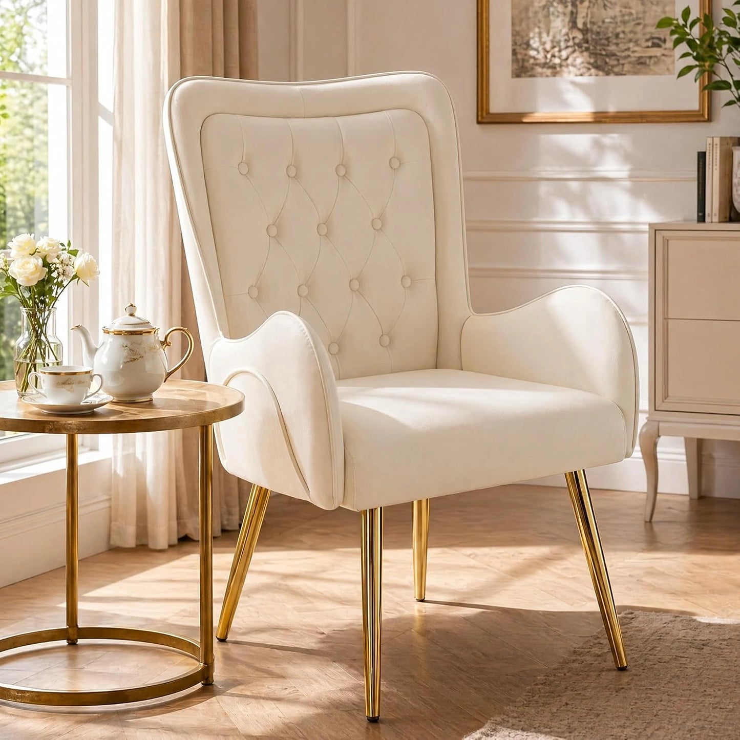 Fauteuil Scandinave en Cuir avec Dossier Double, Bois Massif et Pieds Dorés