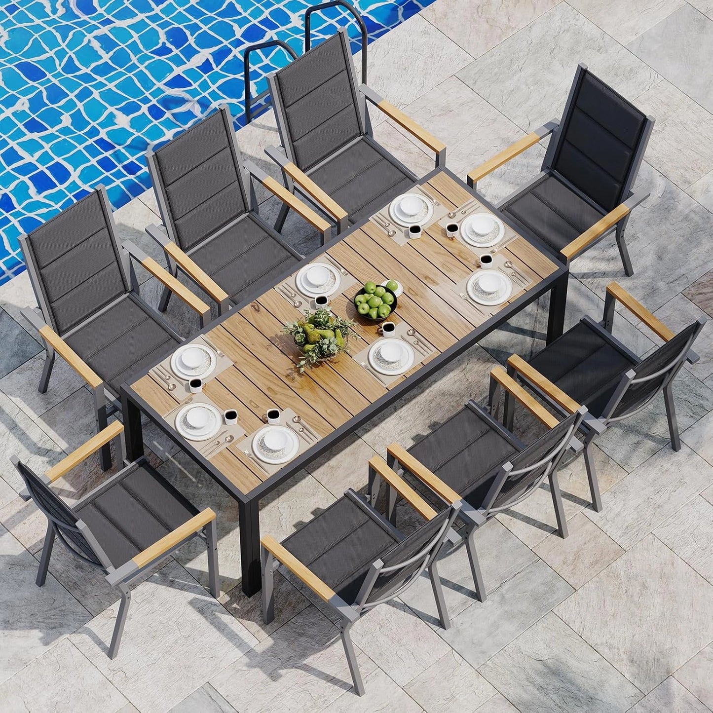 Ensemble de Jardin Extérieur JUMMICO avec 8 Chaises Empilables et Table en Aluminium Aspect Bois, 189x80 cm - Robuste et Facile d'Entretien pour Terrasse et Balcon