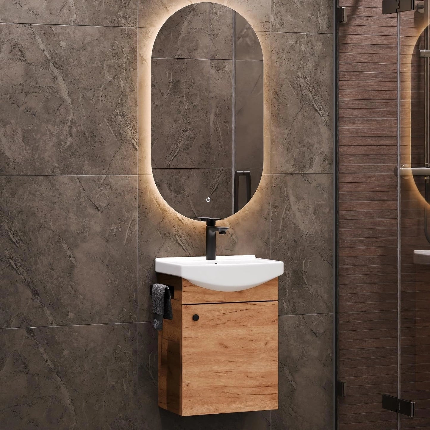 Ensemble de Salle de Bains en Chêne Doré avec Lavabo, Meuble Bas et Miroir Éclairé