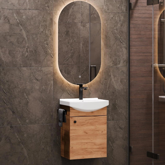 Ensemble de Salle de Bains en Chêne Doré avec Lavabo, Meuble Bas et Miroir Éclairé