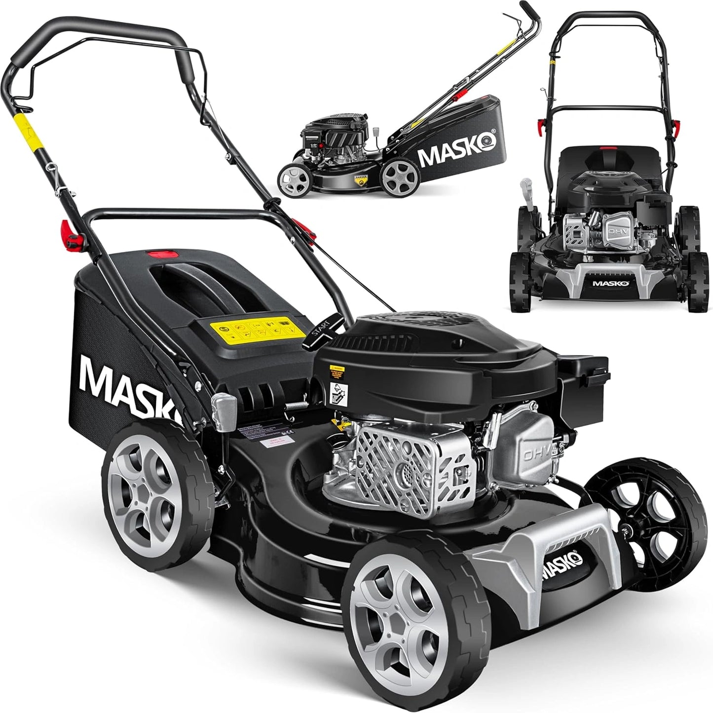 Tondeuse à Gazon Thermique 3-en-1, 42 cm, 7 Hauteurs, 3,4 CV, 50L, Kit Mulching