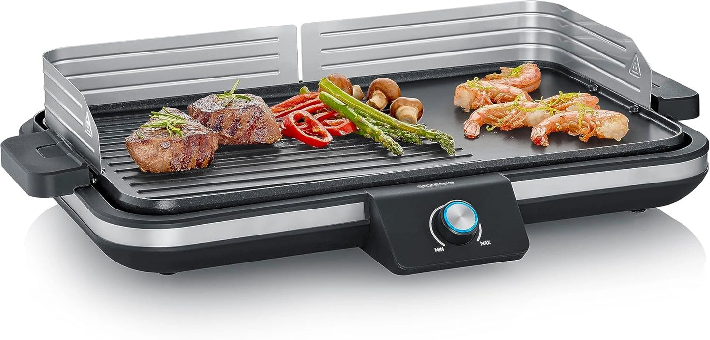 Gril électrique SEVERIN 230°C, 2300W, Surface antiadhésive, Idéal viandes, poissons & légumes, Bac récupérateur amovible