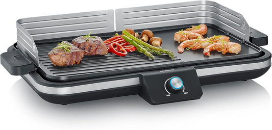 Gril électrique SEVERIN 230°C, 2300W, Surface antiadhésive, Idéal viandes, poissons & légumes, Bac récupérateur amovible