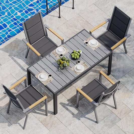 Ensemble de Jardin JUMMICO avec Table en Aluminium et 4 Fauteuils Empilables, Gris – Résistant et Facile à Nettoyer pour Terrasse et Balcon