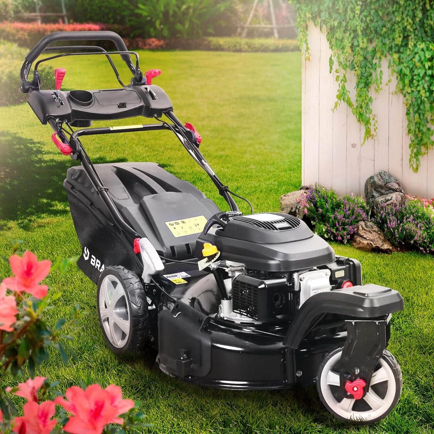 Tondeuse à gazon thermique BRAST 224cc 53cm, 3 roues, autotractée, 4 en 1 avec mulching et vitesse réglable