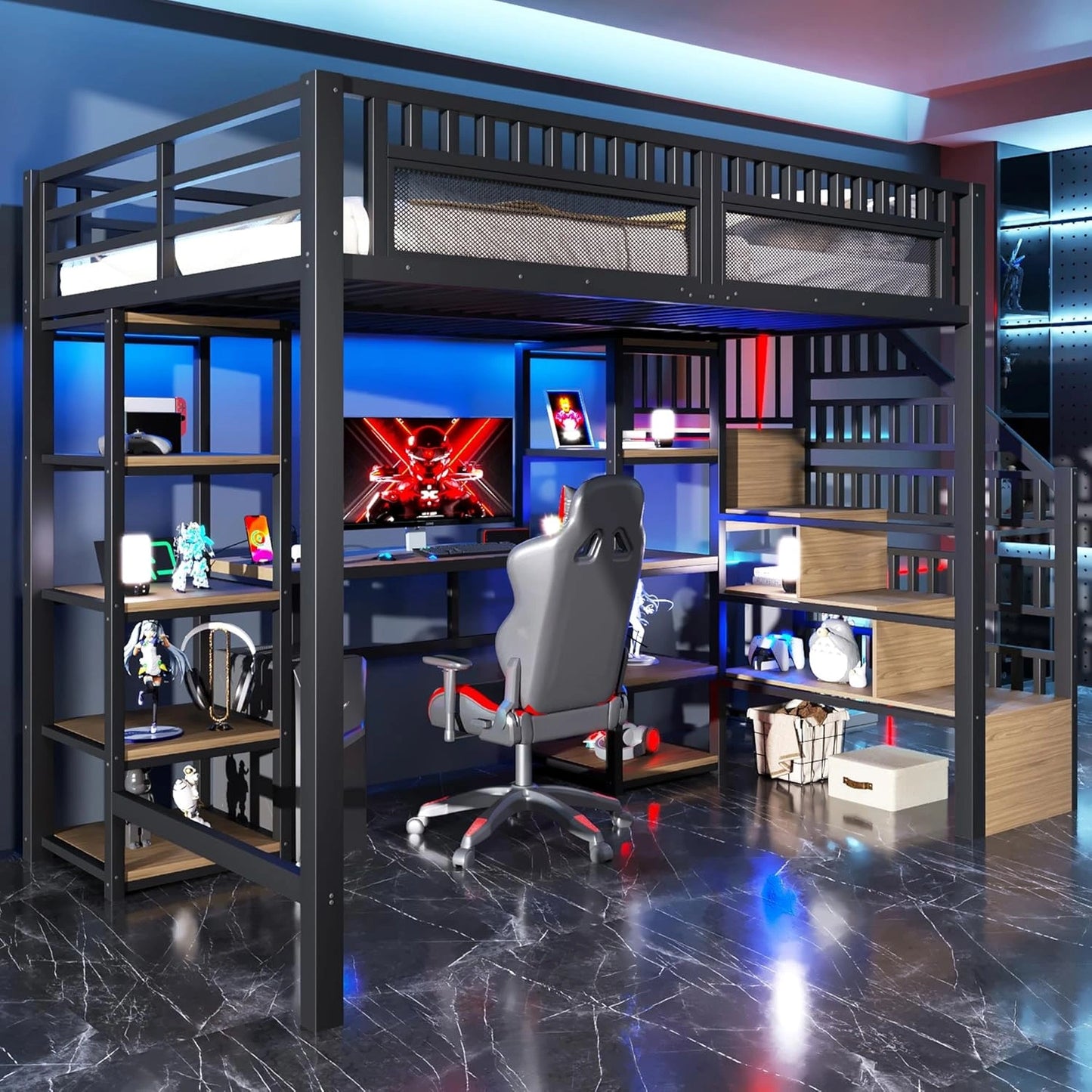 Lit Mezzanine Enfant en Métal avec LED et Bureau, 140x200, Noir