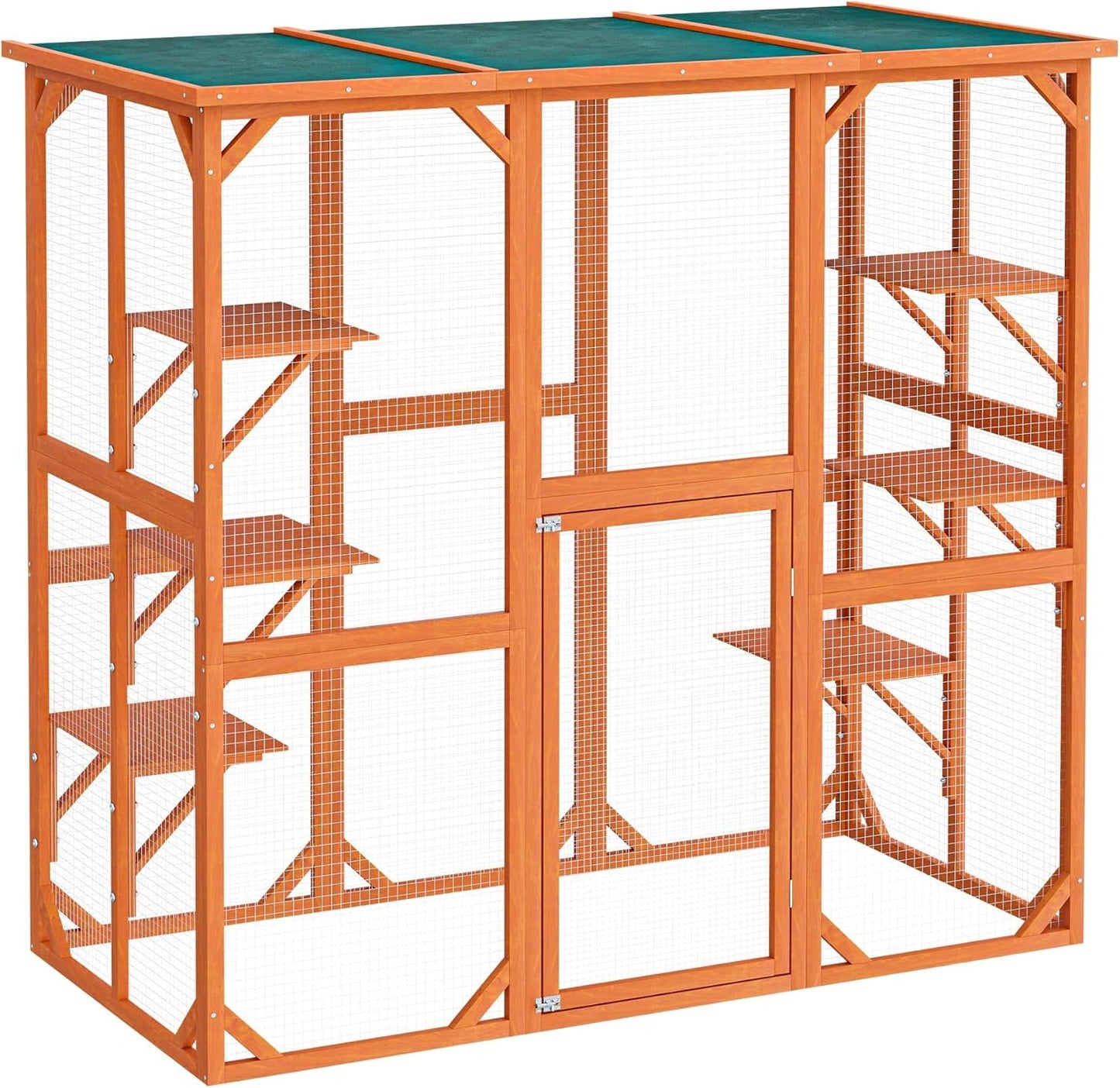Parc Extérieur pour Chats en Bois de Sapin - 168 x 82 x 166,5 cm - Résistant aux Intempéries avec 6 Espaces de Détente