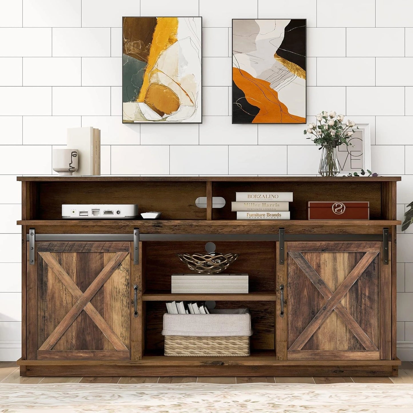 Meuble TV Rustique Brun avec Portes Coulissantes et Étagères Réglables, 150x40x78cm