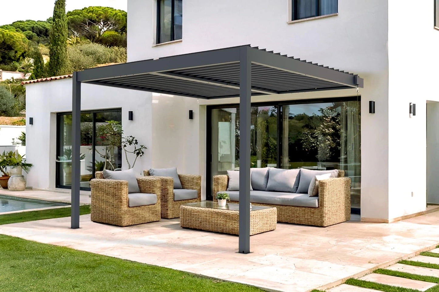 Pergola Bioclimatique 3x3m en Aluminium Taupe avec Lames Orientables – Résistante au Vent et à la Pluie – Facile à Monter