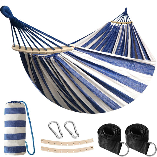 Hamac de Jardin Anyoo avec Barres en Bois, Portable et Confortable, Accessoires Inclus, Pour Intérieur/Extérieur, Bleu/Blanc