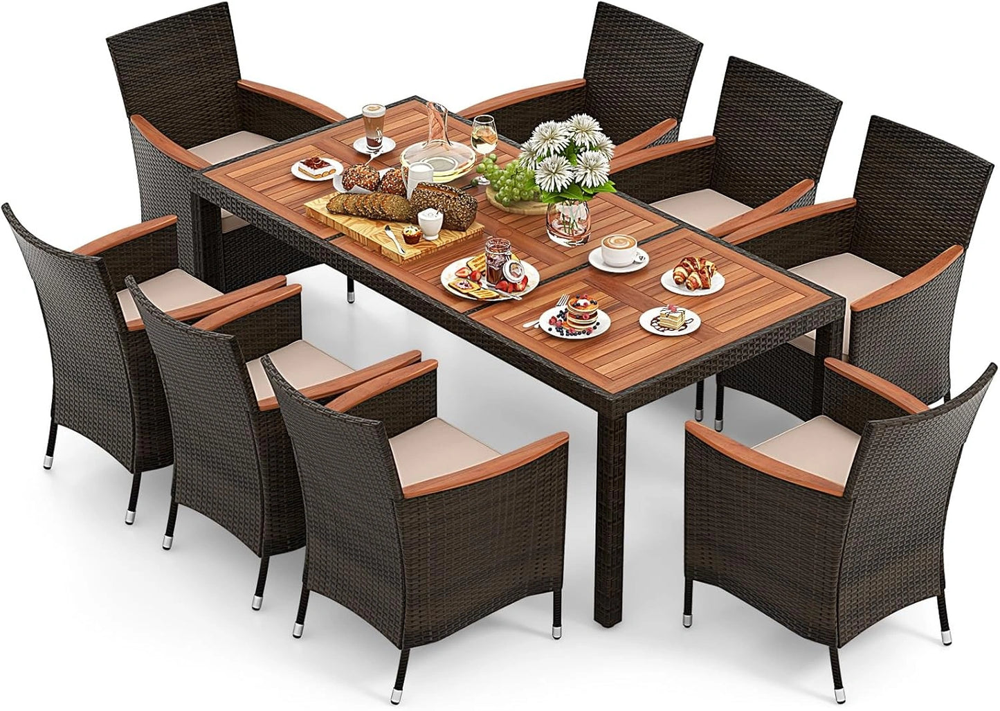 Ensemble de Jardin en Rotin et Acacia pour 8 Personnes, Table et Chaises Extérieures avec Coussins, Trou pour Parasol, Marron