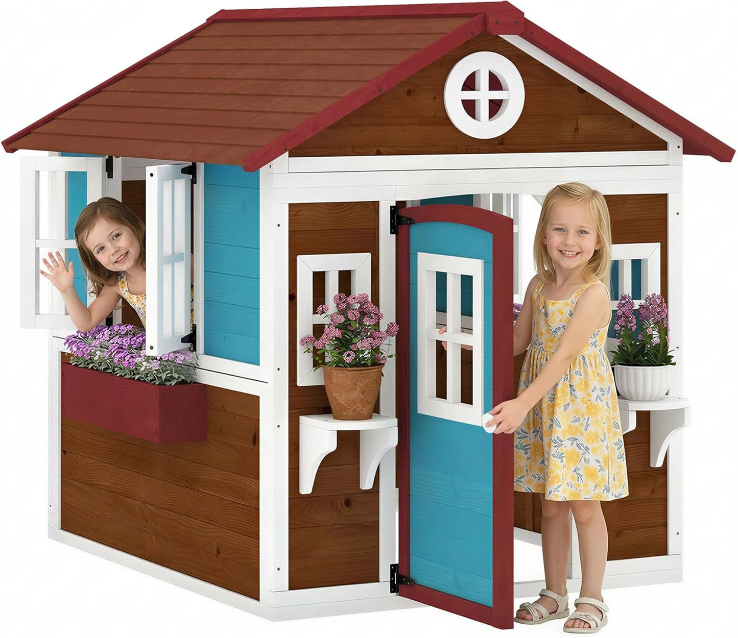 Maison de Jardin pour Enfants 3-8 Ans avec Porte et Fenêtres, Cabane Extérieure en Bois, 114 x 126,4 x 135 cm, Marron