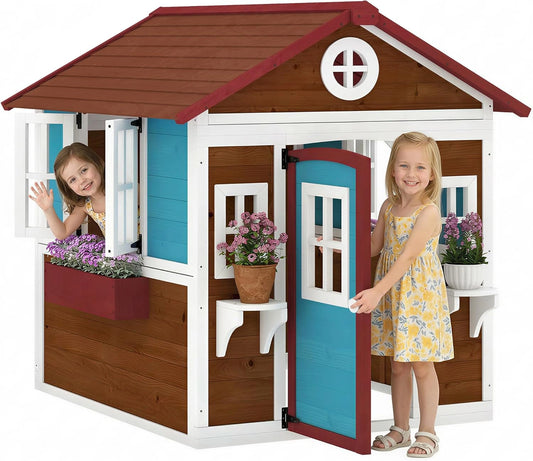 Maison de Jardin pour Enfants 3-8 Ans avec Porte et Fenêtres, Cabane Extérieure en Bois, 114 x 126,4 x 135 cm, Marron