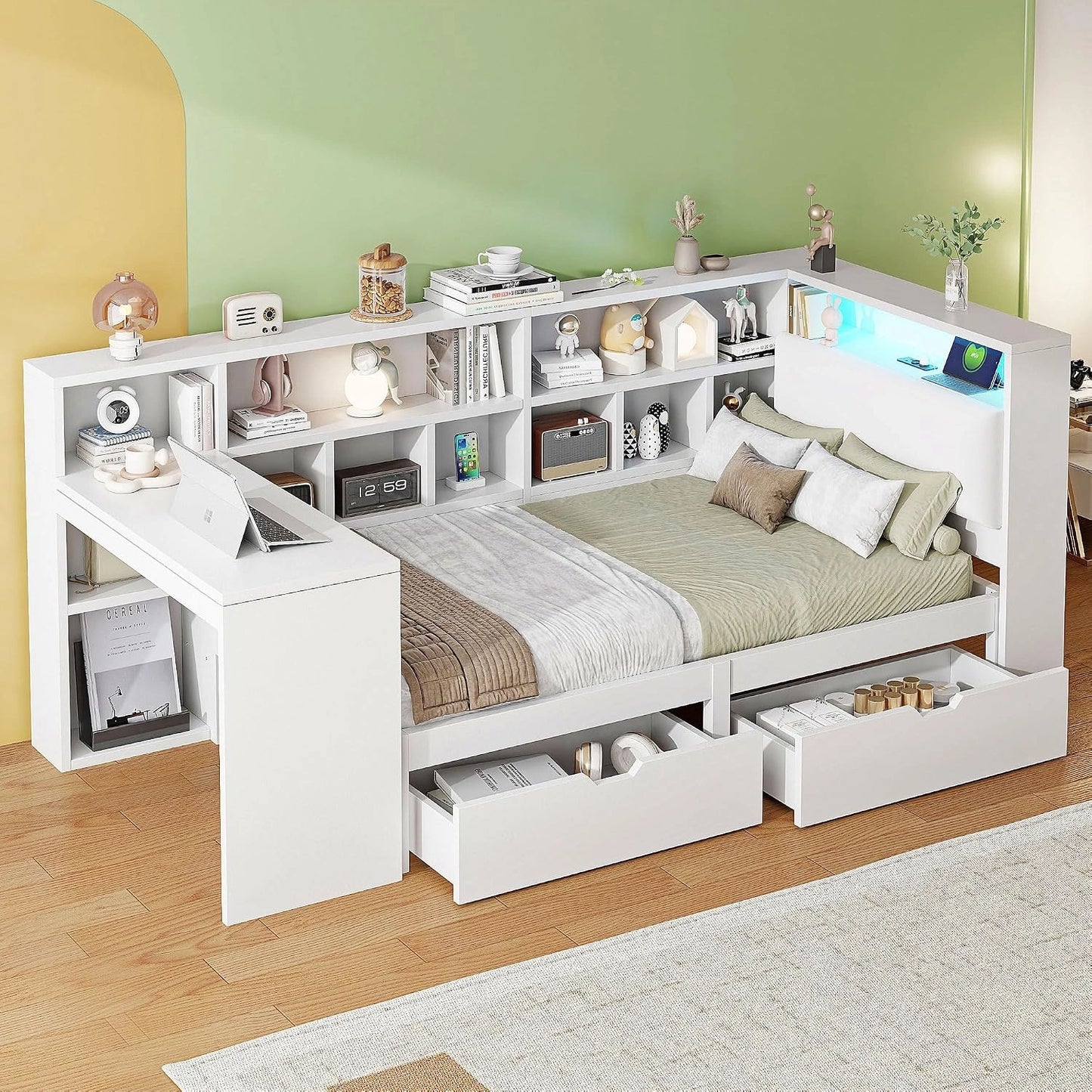 Lit d'Enfant Multifonctionnel en Bois 90x200 cm avec LED et Rangement