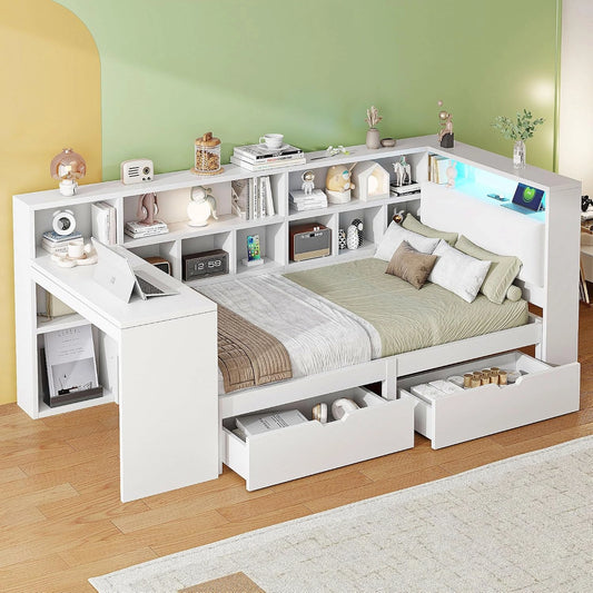 Lit d'Enfant Multifonctionnel en Bois 90x200 cm avec LED et Rangement